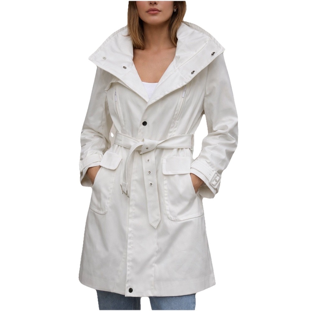 Samuel Dong Coat Women's S Off White Hooded Trench Coat Belted Contemporary